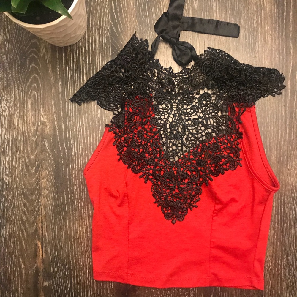 STUNNING RED CROP TOP WITH BLACK LACE